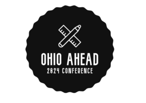 monochromatic logo for the "Ohio Ahead 2024 Conference," featuring a jagged circular border with crossed ruler and pencil icons